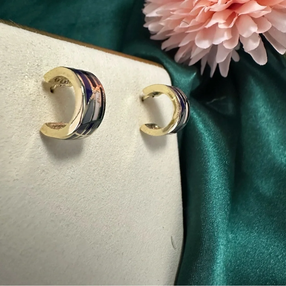 Gold-Plated Enamel Inlay Hoop Earrings • Purple & Lilac Mosaic